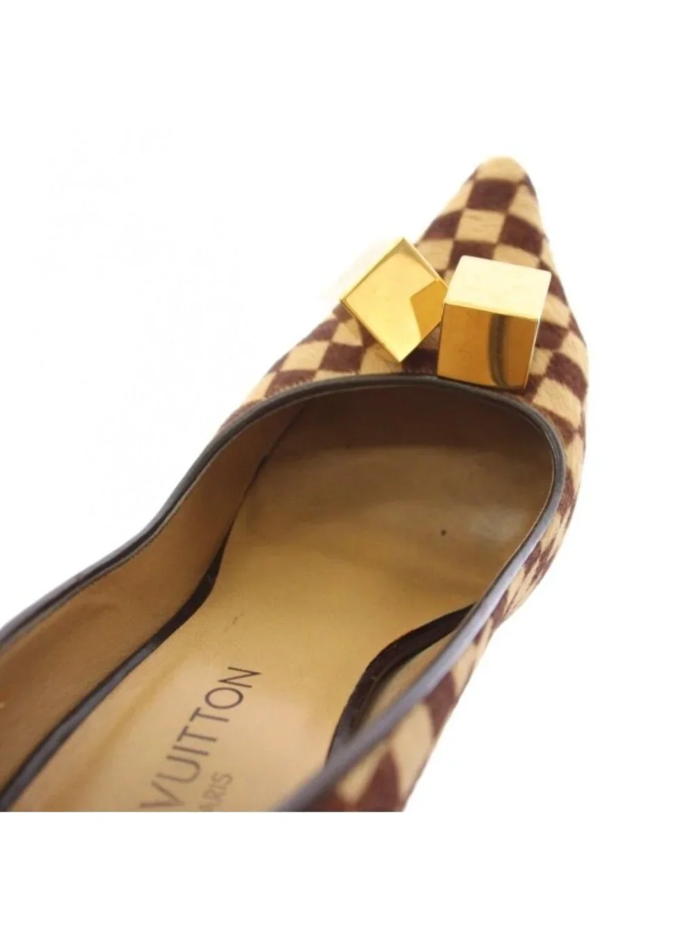 Louis Vuitton Damier Sauvage Calf Hair Pumps Pointed Toe 38 Beige Brown TK Heel